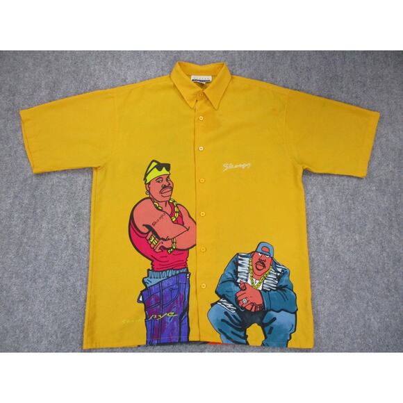 Skoops Shirt Mens Large Yellow Button Up Short Sleeve Hip Hop Graphic Print NYC - Picture 1 of 16